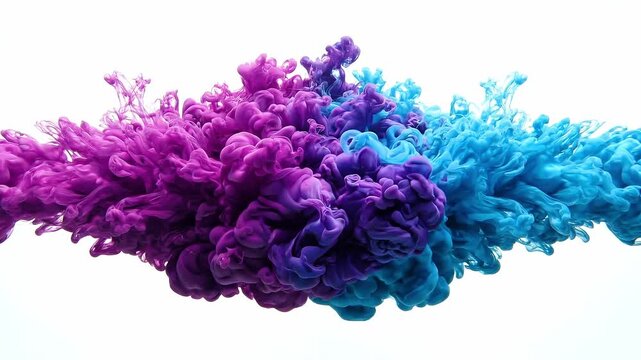 Purple and blue ink swirling in clear water. Abstract liquid mixture blending into clouds. Colorful fluid dispersion creates a dynamic background for art design.