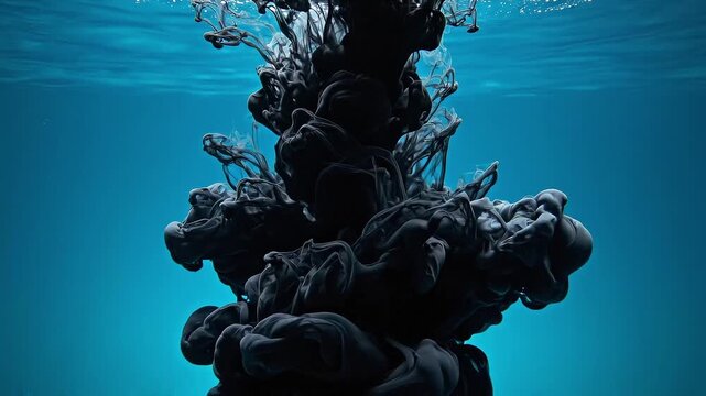 Black ink swirling in clear blue water. Abstract liquid cloud diffusion process. Chemical reaction and fluid motion dynamics for experimental artistic background.