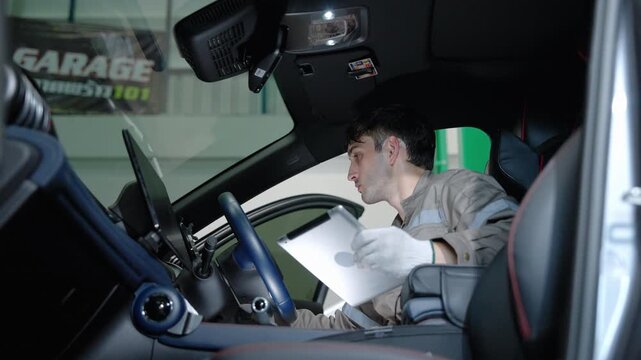 Automotive technician wearing protective workwear and gloves inspects a vehicle interior while using a tablet during professional maintenance and diagnostic service.
