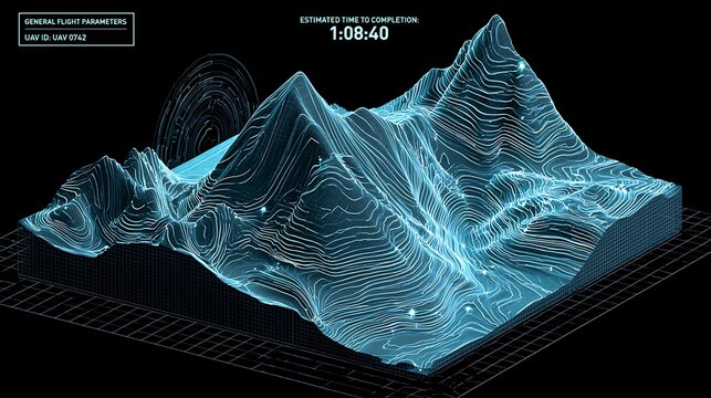 Geospatial UAV telemetry dashboard 3D rendering with glowing blue contour terrain