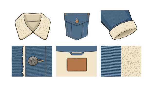 Denim Jacket Structural Elements Vector Kit Featuring Sherpa Collar Fur Cuffs Pocket Metal Button Stitching Detail and Leather Tag for Technical Fashion CAD Drawings