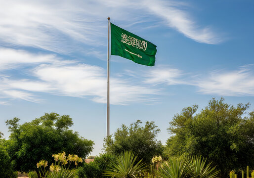 Saudi arabia flag waving high above lush green trees under a blue sky