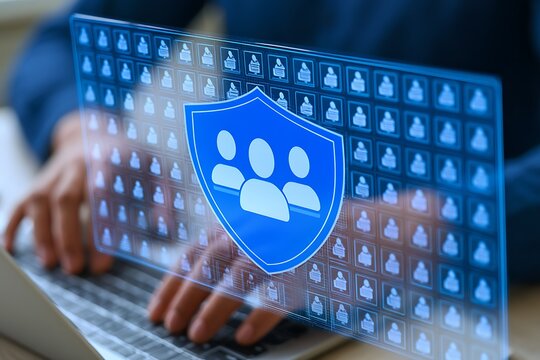 Protection of users personal information. Secure customer data management. Businessman using laptop computer with information security system.
