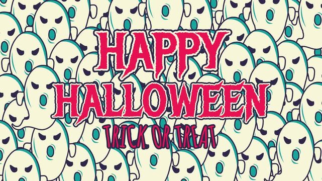 A 4K seamless looping animation featuring crowded screaming cream ghosts with teal outlines framing Happy Halloween Trick or Treat red typography on a packed background. Ideal for event screens.