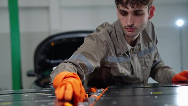 Automotive technician wearing protective gloves works on an electric vehicle battery pack during inspection and maintenance in a professional workshop.

