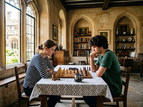 Man and woman thinking over a move during a chess game in a traditional library with boardgame strategy thinking activity historic lifestyle intellectual challenge together relaxation