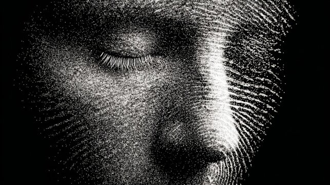 Abstract human face composed of fingerprints on black background illuminated by soft white light creating surreal, minimalistic, textured, conceptual, and artistic visual effect