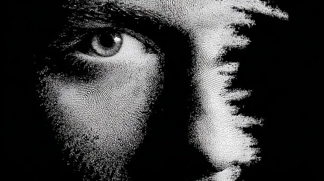 Abstract human face composed of fingerprints on black background illuminated by soft white light creating surreal, minimalistic, textured, conceptual, and artistic visual effect