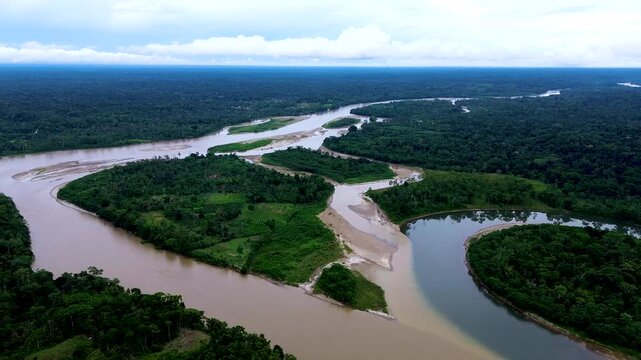 Aerial View of Amazon River Bend and Rainforest in Ecuador, Brown Water, Green Forest Islands, Remote Wilderness and Tropical South American Landscape