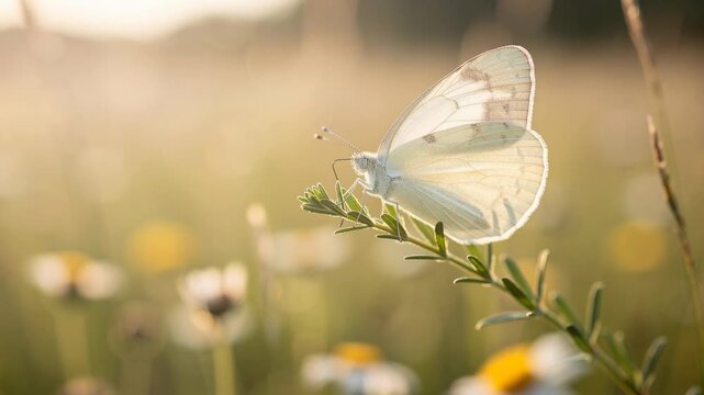 Close up of a white butterfly resting on a green plant with soft natural sunlight in the background
