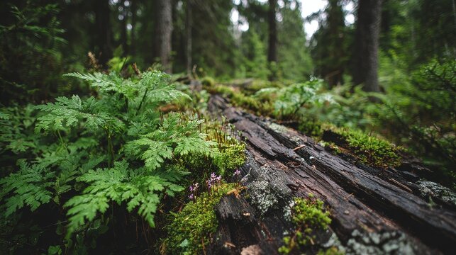 Fallen log moss forest fern greenery nature woodland humid tranquility solitude, cracked bark with bright green moss and sprouts in dense vegetation under soft diffused overcast light