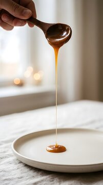 Thick golden caramel sauce dripping from a wooden spoon onto a white plate with soft natural lighting and warm tones