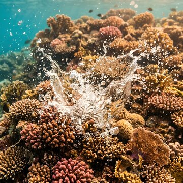 Underwater scene of colorful coral reef with vibrant orange and pink corals and clear water splash tropical marine ecosystem with bubbles and natural