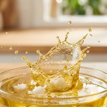 Splash of golden liquid in a clear glass with ice cubes creating a dynamic crown shape perfect for beverage or refreshment advertising