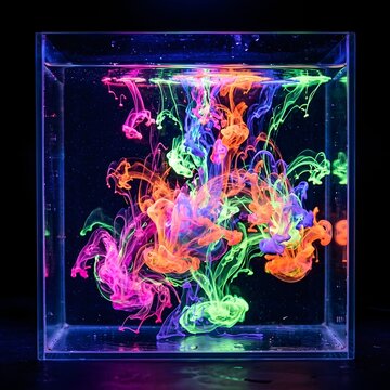 Vibrant colorful liquid art in a glass cube with neon pink green orange and blue swirls under blacklight dynamic abstract composition for modern