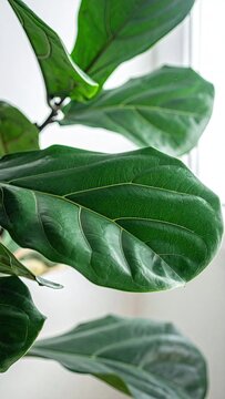 Close-up of lush green fiddle leaf fig plant leaves indoors.