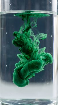Vibrant green ink swirling in water inside a clear glass container creating abstract fluid art patterns with dynamic motion and soft translucent