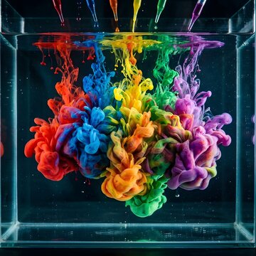 Vibrant liquid colors swirling in a glass tank with red blue green yellow and purple paint in water artistic abstract background