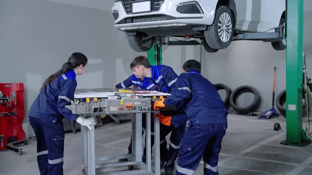 A team of automotive technicians carefully handles a large electric vehicle battery pack on a service table inside a professional workshop.
