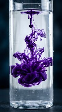 Vibrant purple ink swirling in a clear glass of water creating intricate formations and artistic patterns with dynamic fluid motion