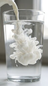 White milk being poured into a clear glass of water creating a swirling cloud effect close up shot with soft natural lighting