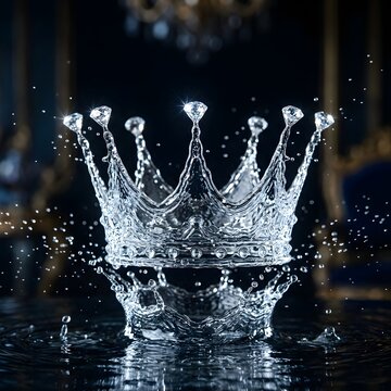 Water splash forming a crown shape with intricate liquid details and droplets captured in high speed photography with dark background and dramatic