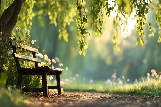 Peaceful park scene with wooden bench surrounded by lush greenery and blooming flowers under dappled sunlight