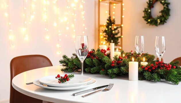 Elegant Winter Holiday Dinner Table Setting with Candles and Pine Branches