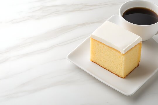 Sliced sponge cake with white icing and a cup of black coffee on a white plate on marble table