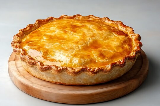 Traditional golden baked cheese and pastry crust pie on wooden board with topping and flaky edge, perfect for dessert or meal