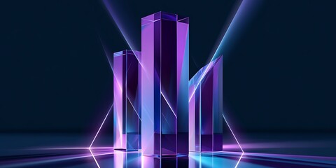 Obraz premium Cyber elements made of transparent glass and liquid acrylic purple blue glow on black backdrop cinematic tech background design cover art visuals 3d rendering