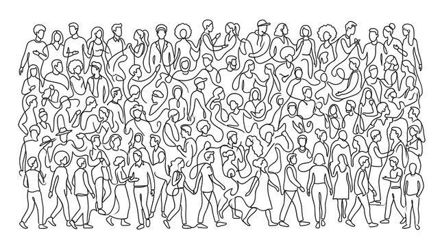 Crowd of people line art illustration, abstract group of diverse individuals sketch.
