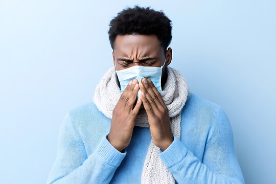 Young man with curly hair wearing a face mask and scarf, experiencing discomfort or illness, against light blue background