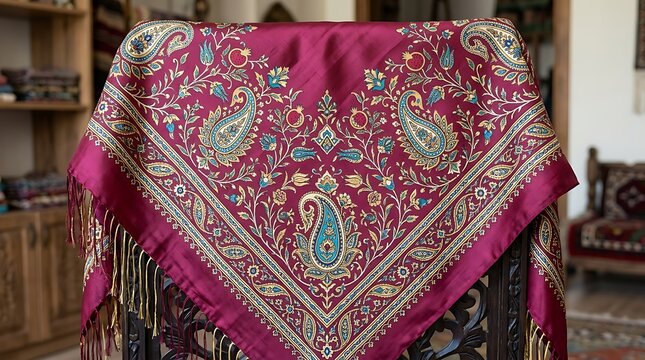 Burgundy silk shawl with intricate floral paisley embroidery and decorative fringe trim.