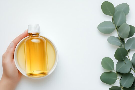 Hand Holding Clear Glass Bottle with Light Yellow Liquid, Natural Green Eucalyptus Leaves on White Background