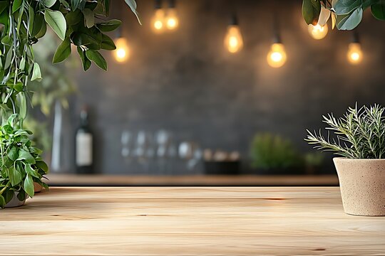 Modern rustic kitchen interior with warm hanging lights, wooden countertop, potted plants, and blurred background for home decor or cooking themes