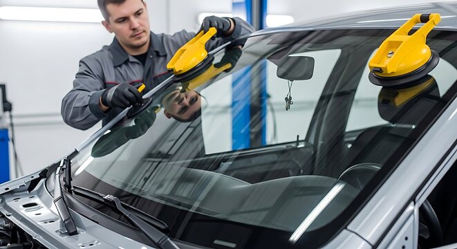 Professional auto detailer polishing a silver car windshield with a yellow electric buffer in a modern service workshop