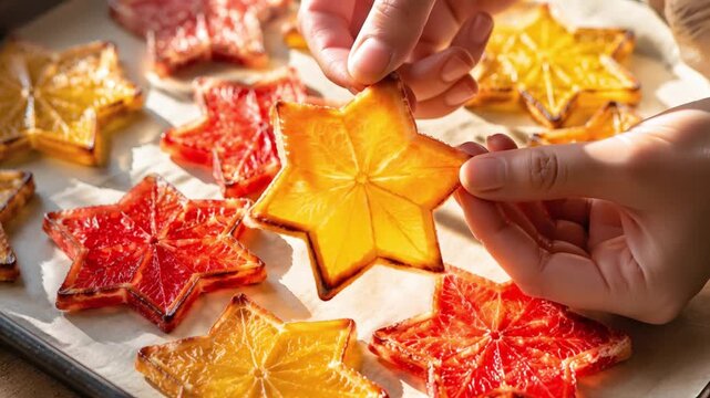 Person holding star-shaped dried fruit on baking sheet  