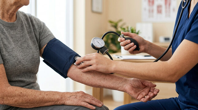Senior patient's arm receiving blood pressure check by nurse in medical office
