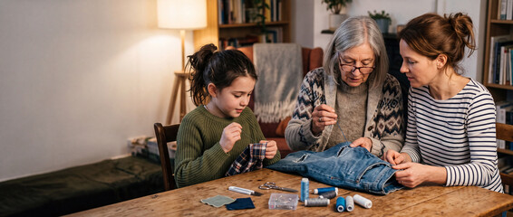 Fototapeta premium Three Generations Mending Clothes Together During Screen-Free Evening