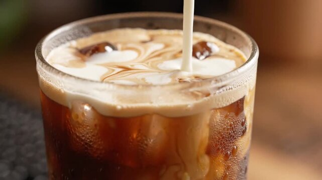 Cream pouring into iced coffee creating swirls close up slow motion