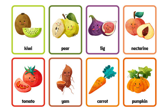 Diverse fruit and vegetable flashcard set with illustrated produce for classroom education, vegetable