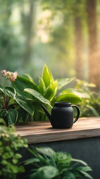 Black ceramic teapot on wooden surface surrounded by lush green garden foliage in warm sunlight