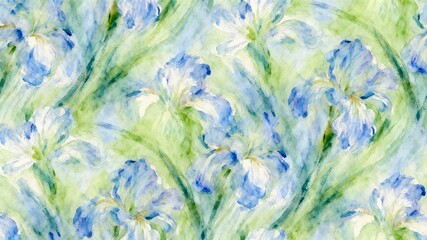 Obraz premium Seamless Style Blue and Green Watercolor Flower Pattern with Flowing Botanical Brushstrokes