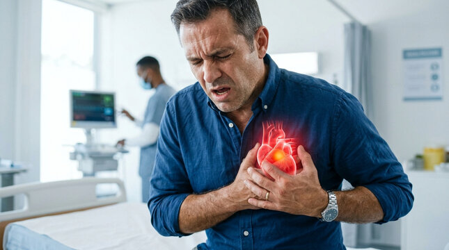 Man experiencing chest pain, potential heart attack in hospital setting