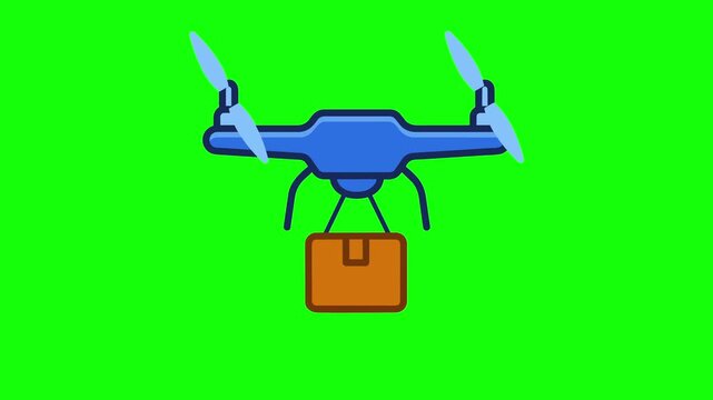 Animated delivery drone carrying a cardboard package box on a green screen key background