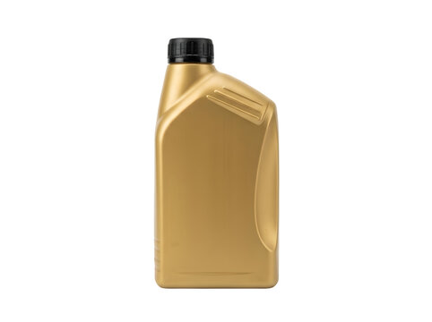 Blank golden plastic container for motor oil or engine lubricant isolated on transparent background