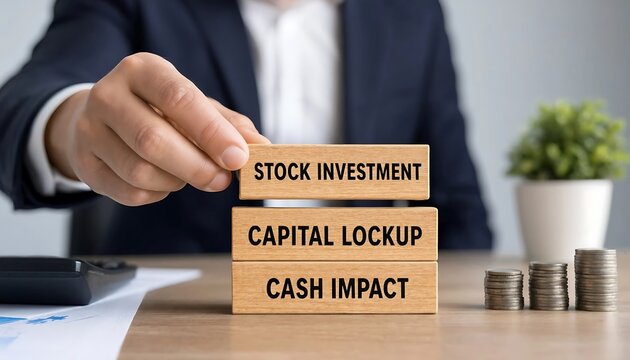 Business professional demonstrating stock investment capital lockup and cash flow impact on wooden blocks