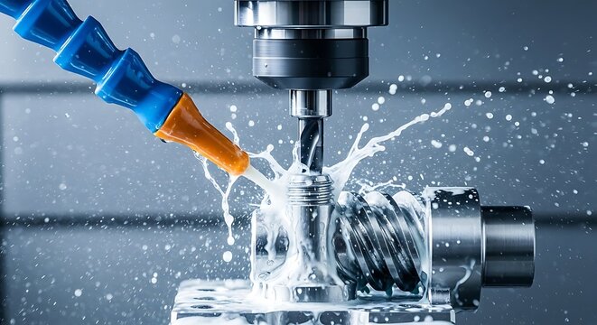 CNC Milling Machine Processing Metal Part with Coolant Fluid Splashing in Industrial Factory Manufacturing