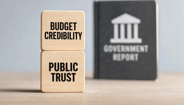 Government budget credibility and public trust represented with wooden blocks and official report book